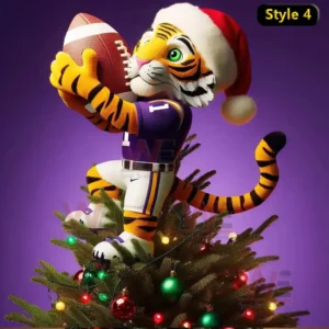 LSU Tigers Christmas Tree Topper 9 Tiger mascot in LSU football outfit climbing Christmas tree holding football among colorful ornaments!