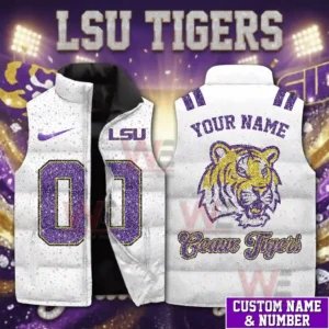 A white LSU Tigers themed puffer vest with purple numbers and a tiger head graphic shown in a bright sports themed scene!