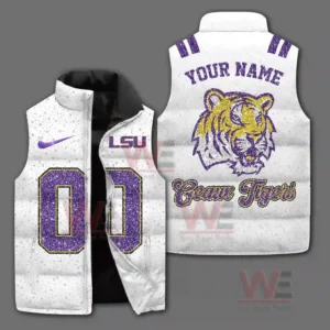 LSU Tigers Geaux Tigers Custom Puffer Jacket 5 A white LSU themed puffer vest with purple numbers and a tiger head graphic set on a gray background!