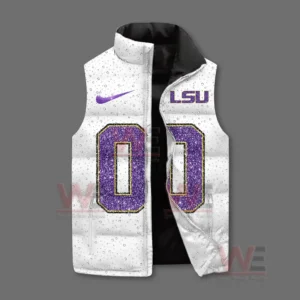 LSU Tigers Geaux Tigers Custom Puffer Jacket 6 A front facing white puffer vest with purple numbers and LSU branding shown on a plain gray background!
