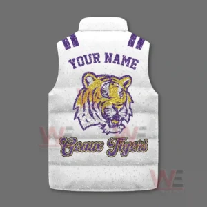 LSU Tigers Geaux Tigers Custom Puffer Jacket 7 A back facing white puffer vest with a tiger graphic purple name text and Geaux Tigers phrase shown on a gray background!