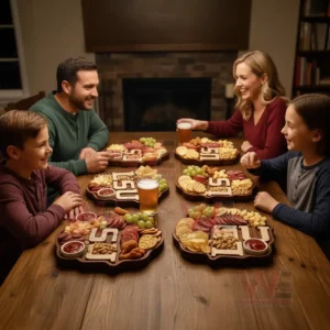 A family shares snacks from wooden platters with an LSU design while a sports game plays on a television in the background!