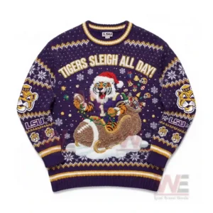 LSU Tigers Sleigh All Day Christmas Sweater 5 Close-up view of the LSU Tigers Christmas sweater.