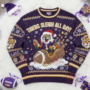 LSU Tigers Sleigh All Day Christmas Sweater 6 Another close-up of the LSU Tigers Christmas sweater, decorated with festive