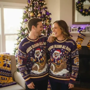LSU Tigers Sleigh All Day Christmas Sweater 7 A couple wearing matching LSU Tigers Christmas sweaters.