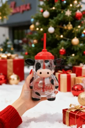 A cow shaped cup with a red lid and straw held in front of a Christmas tree and gifts in a snowy setting.