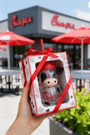 Lucky Dairy Cow Cup Limited Edition 4 A cow shaped cup in a festive gift box held outside a restaurant.