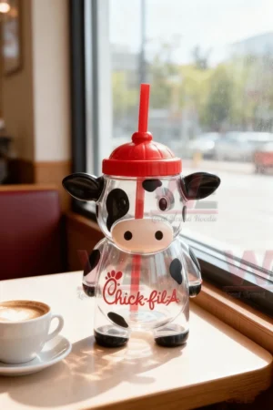 Lucky Dairy Cow Cup Limited Edition 5 A cow shaped drink cup with a red lid and straw on a table next to a cup of coffee inside a restaurant.