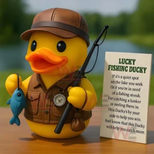 Yellow duck dressed as a fisherman holding a rod and a blue fish beside a sign with a fishing rhyme near a lake.