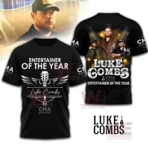 Black Luke Combs shirt celebrating Entertainer of the Year with band image.