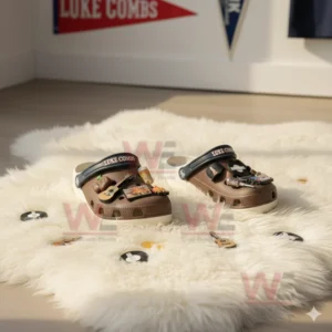Alt text: Luke Combs-themed Crocs with various country music charms on a fluffy rug.