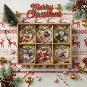 Alt text: Heart-shaped Christmas ornaments filled with makeup products and rose petals.