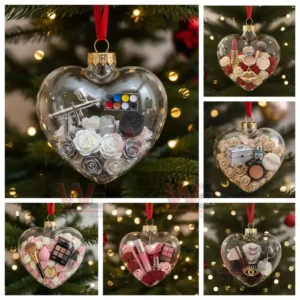Alt text: Close-up view of heart-shaped Christmas ornaments filled with makeup items.