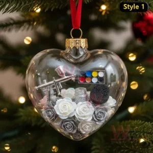 Alt text: A heart-shaped ornament filled with makeup tools and silver roses.