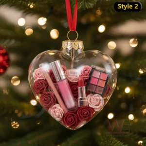 Alt text: Heart-shaped ornament with lipsticks and rose petals.