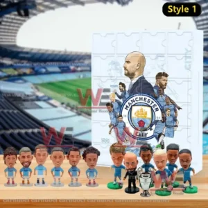 An image of a Manchester City Style 1 advent calendar set with player figures and a coach figure arranged in front of the illustrated box inside a football stadium!