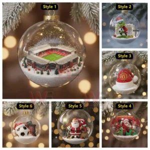 A collage of Manchester United Christmas ornaments arranged in a six section layout showing various festive football themed miniature scenes inside clear hanging globes!