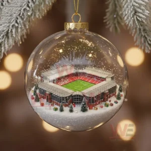 Manchester United Christmas Ornament 2025 9 A clear ornament holding a small football stadium scene with snow trees and gifts displayed inside the globe!