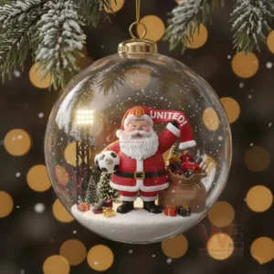 Manchester United Christmas Ornament 2025 10 A festive ornament showing Santa with a football and gifts inside a snow filled transparent globe!