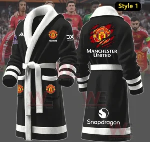Black Manchester United themed bathrobe shown with players in a stadium!