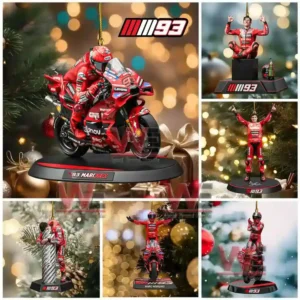 Alt text: Various Marc Marquez-themed Christmas ornaments displayed in different poses, celebrating his MotoGP career.
