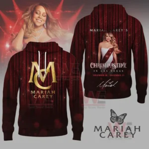 Red hoodie with gold front logo and festive portrait design on the back!
