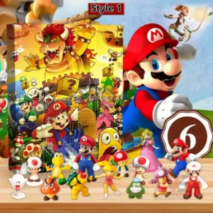 Super Mario advent calendar with Mario characters and collectible figures displayed on a wooden surface!