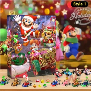 A colorful Mario Kart Christmas advent calendar displaying Mario in Santa costume with miniature karts and themed accessories on a wooden surface.