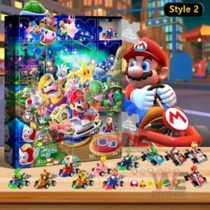 A holiday themed Mario Kart advent calendar with figures of Mario and friends in racing karts accompanied by mini keychain collectibles.