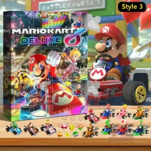A Mario Kart Deluxe themed advent calendar filled with miniature car toys and symbols from the popular racing game series.