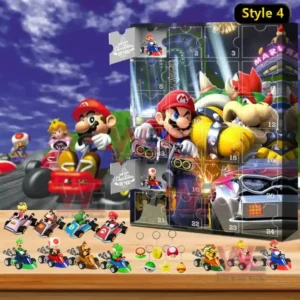 A retro style Mario Kart advent calendar with detailed artwork of a racing scene and a set of small toy cars representing the game characters.