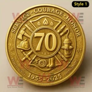 Fire service 70th anniversary gold coin with firefighter tools helmet hydrant and engraved service motto.