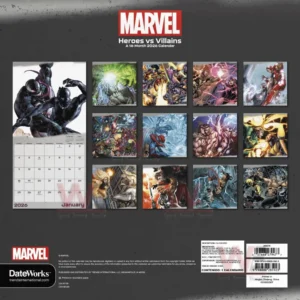 A grid of illustrated hero versus villain scenes set beside a sample monthly calendar page!