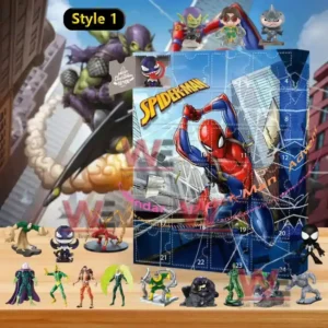 An image of a Spider Man Style 1 advent calendar set with Spider Man and various villain figures placed in front of the illustrated box!