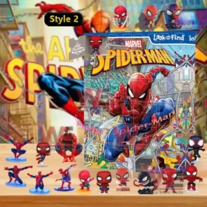 A colorful Spider Man Style 2 advent calendar featuring multiple Spider Man versions and mini collectible figures arranged in front of the box!