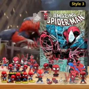 An image of a Spider Man Style 3 advent calendar themed after The Amazing Spider Man with collectible mini figures and keychains arranged in front!
