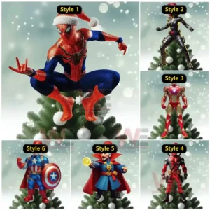 Marvel superhero ornaments styled for Christmas displayed on top of holiday trees in a snowy festive setting!