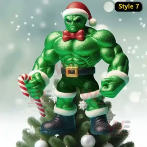 Green superhero in Santa outfit with candy cane standing on decorated Christmas tree in winter scene!