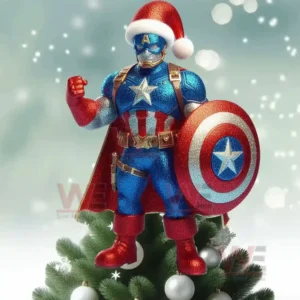 Hero in red blue armor with shield and Santa hat standing on Christmas tree in snowy background!