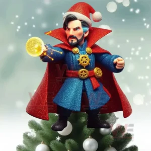 Magical hero in red cape casting glowing spell while standing on top of Christmas tree in snowy scene!