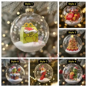 Collage of McDonalds themed Christmas ornaments featuring Grinch figures fry tree and festive scenes inside clear globes!