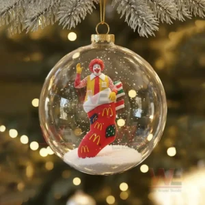 Christmas globe containing a waving clown mascot standing inside a red festive stocking on snow!