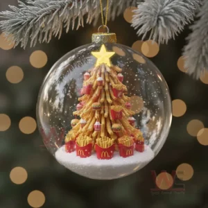 Christmas ornament featuring a tree built from fries with small burgers and fry boxes as decorations!