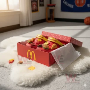 Red clogs decorated with assorted fast food charms displayed in an open red box on a white furry surface!