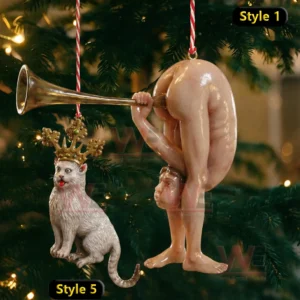 Humorous human figure ornament holding a horn while hanging on a Christmas tree!