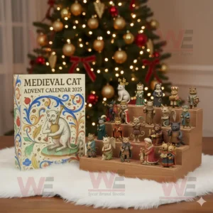 Medieval Cat Advent Calendar 2025 box with small medieval themed cat figurines and Christmas tree background!