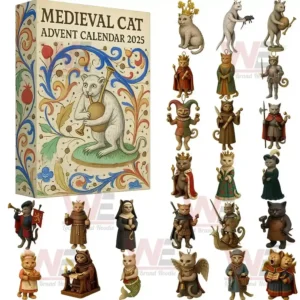 Medieval Cat Advent Calendar 2025 box with multiple detailed cat figurines dressed in medieval costumes!