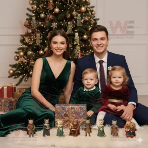 Family posing by Christmas tree with medieval cat figurines and gifts on a white rug!