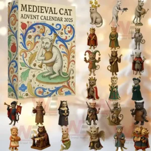 Medieval Cat Advent Calendar 2025 box with detailed cat figurines in medieval attire and warm glowing background!```