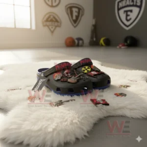 Alt text: Megadeth-themed Crocs with metal-inspired charms on a fluffy white rug with small items around them.